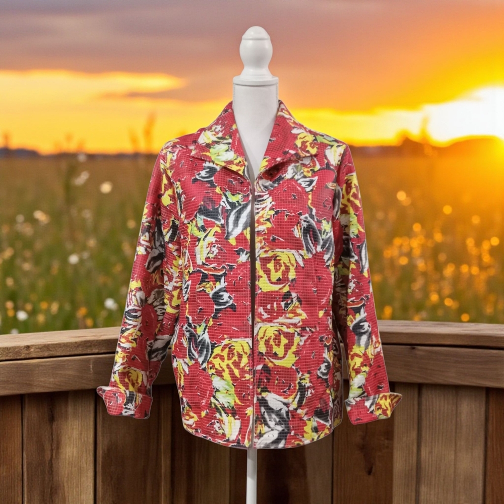 SARA ISABELLA OPEN‎ FRONT FLORAL JACKET XL VGC RED; BLK. YELLOW AND WHITE